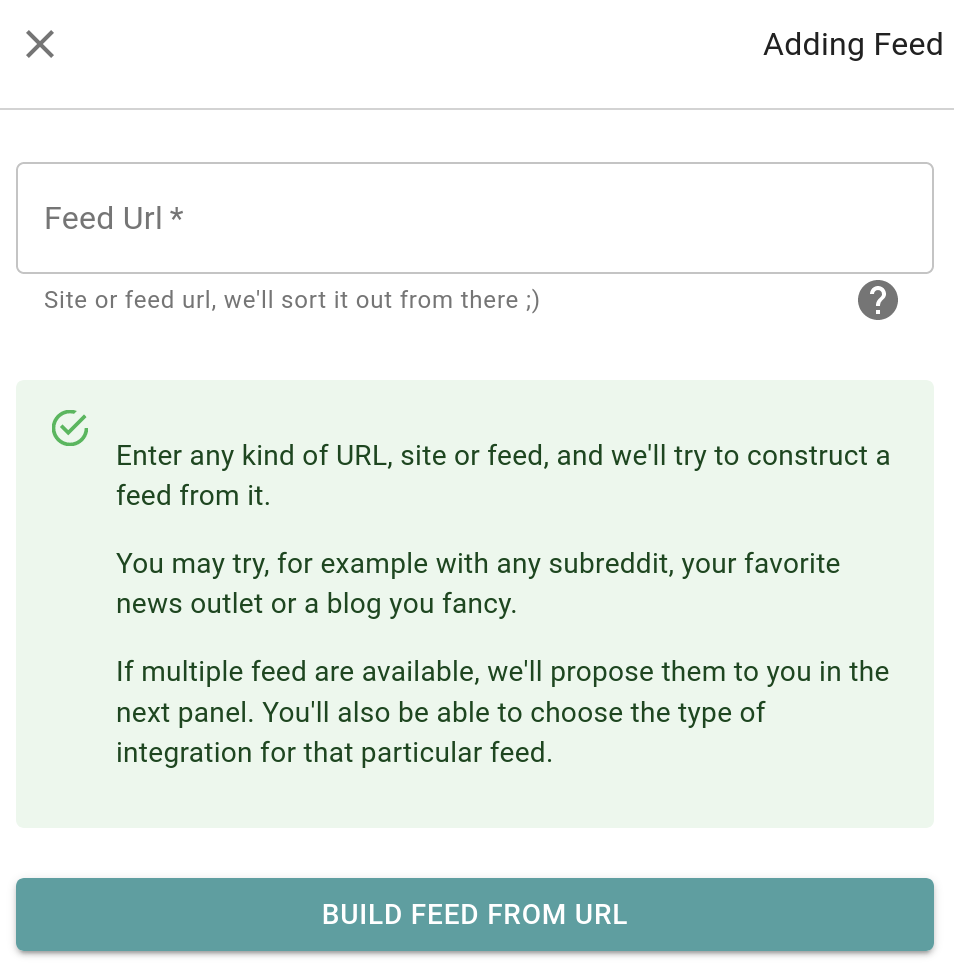 Screenshot of the first feed creation form